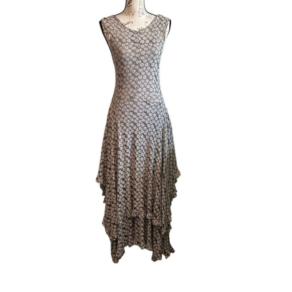 Hazel Grey Stretch Lace Ruffle Boho Maxi Dress M